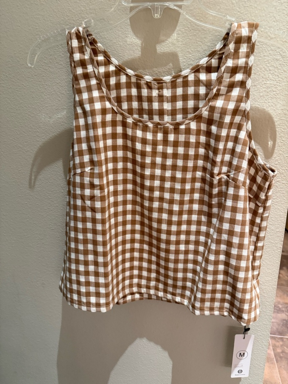 Amazon Tan and White Gingham Crop Tank Top